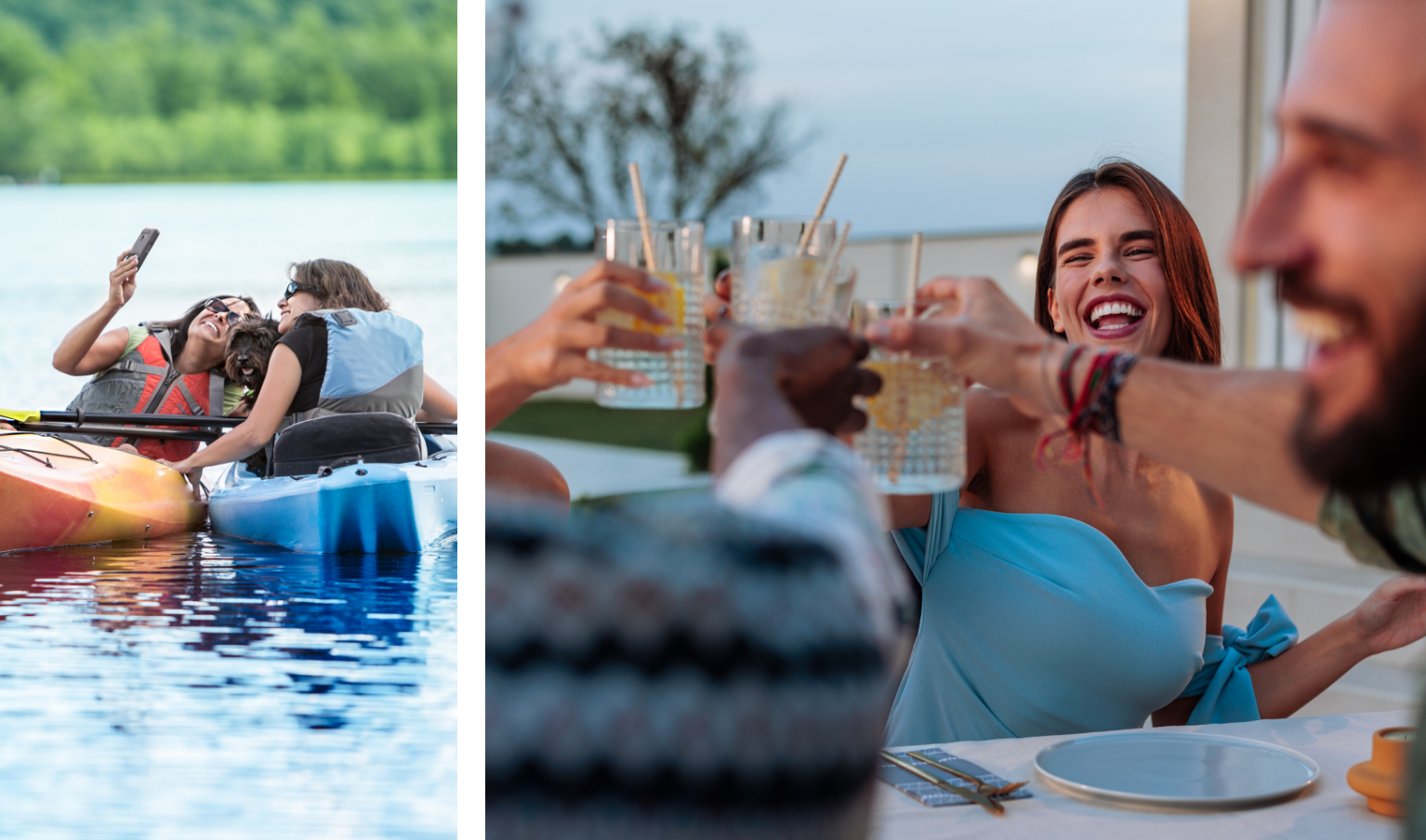 friends pose for a picture together in kayaks and friends raise a glass in cheers