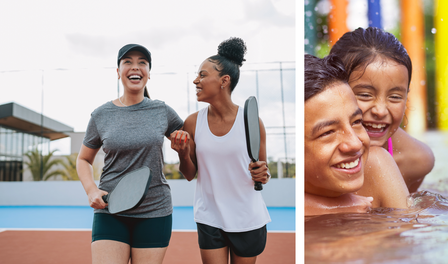 friends laugh together on a pickleball court, and brother and sister play in the pool